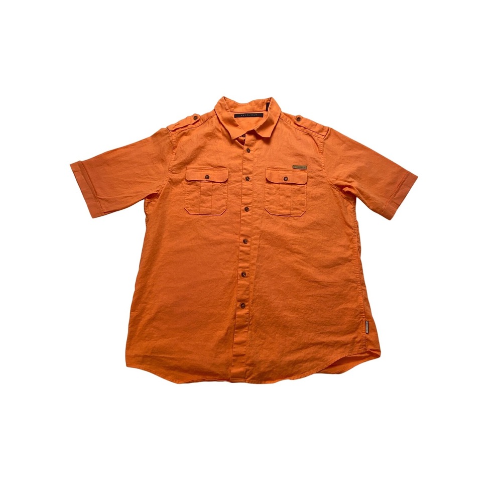 Sean John Mens 2XL Orange Linen Cotton Blend Short Sleeve Button Down Shirt